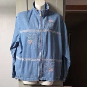 VTG Teddi Blue Jean Jacket with Floral Embroidery SZ L